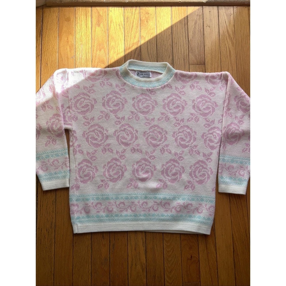 Vintage 80s 90s Pink Rose Pattern Fairy kei Jane Adam's Pastel Sweater SMALL-MED